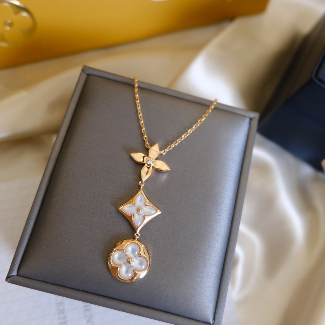 Mysitc COLOR BLOSSOM LARIAT NECKLACE PINK GOLD WHITE MOTHER PEARL AND DIAMOND