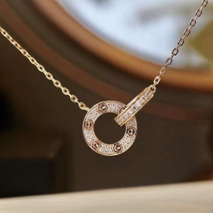 [Demi jewelry]LOVE 7.6MM NECKLACE ROSE GOLD AND SILVER  FULL DIAMOND