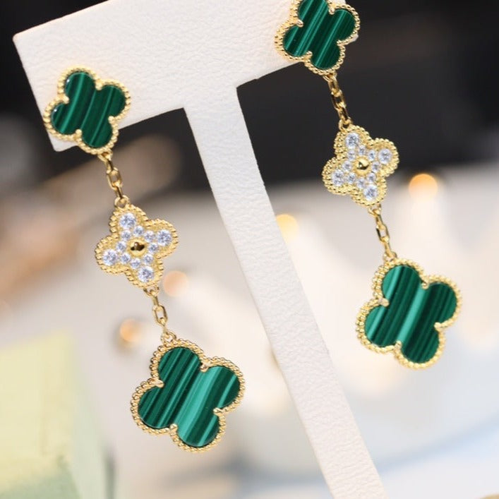 [Demi jewelry]CLOVER EARRINGS GOLD MALACHITE DIAMOND 3 MOTIF