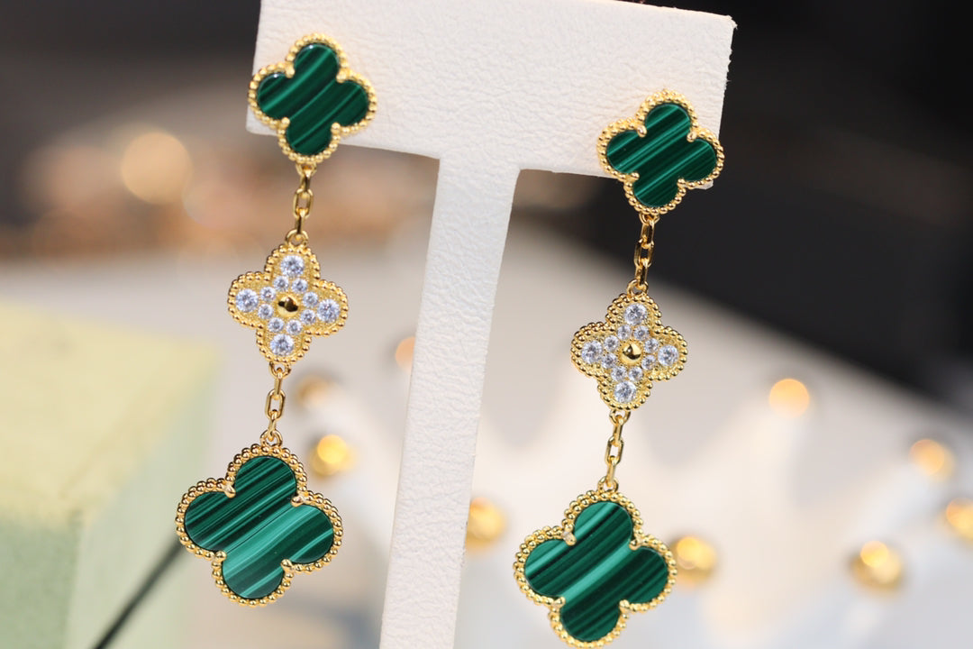 [Demi jewelry]CLOVER EARRINGS GOLD MALACHITE DIAMOND 3 MOTIF
