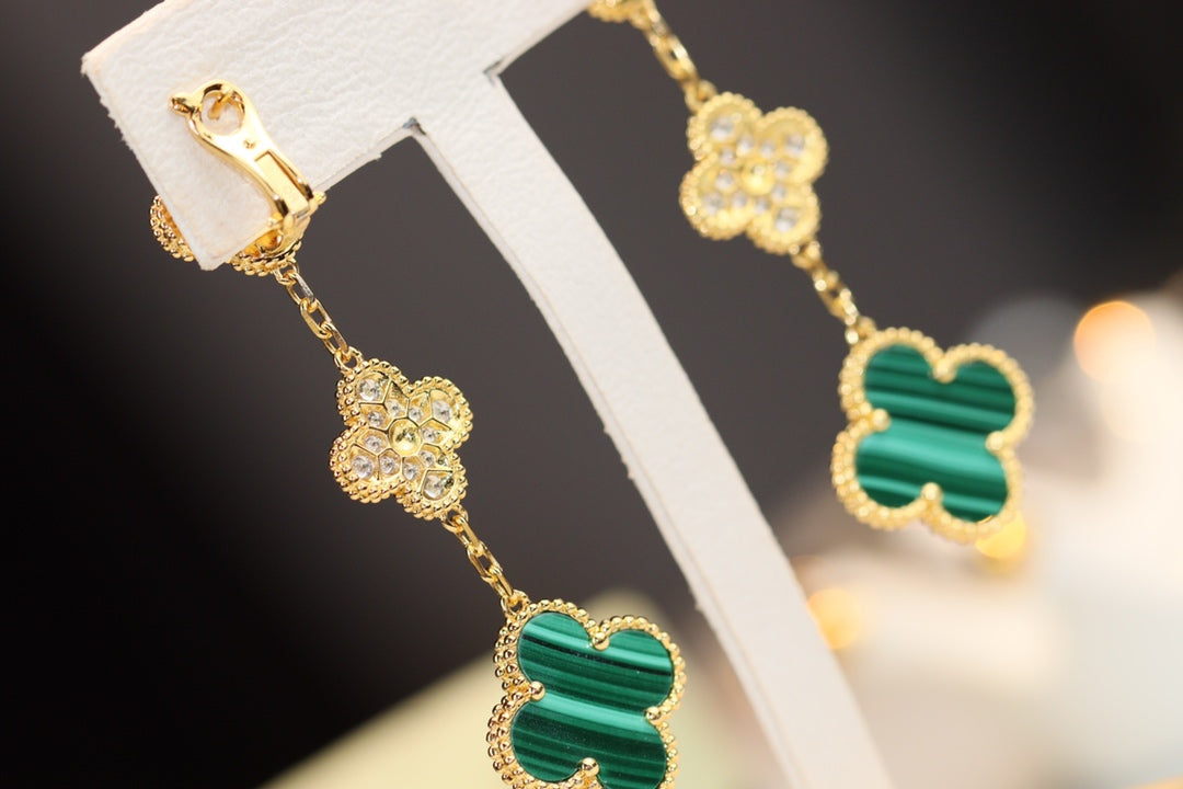 [Demi jewelry]CLOVER EARRINGS GOLD MALACHITE DIAMOND 3 MOTIF