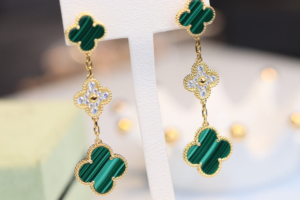[Demi jewelry]CLOVER EARRINGS GOLD MALACHITE DIAMOND 3 MOTIF