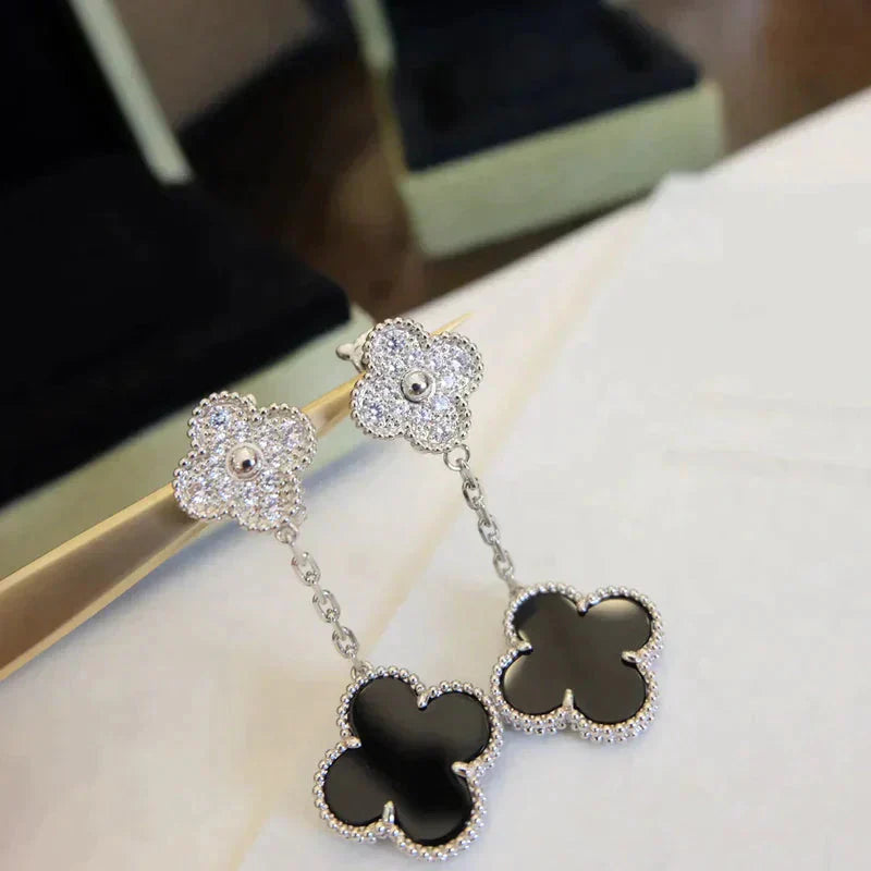 [Demi jewelry]CLOVER 2 MOTIFS  DIAMOND ONYX EARRINGS SILVER