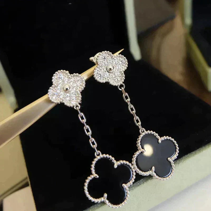 [Demi jewelry]CLOVER 2 MOTIFS  DIAMOND ONYX EARRINGS SILVER