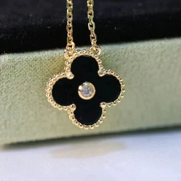 [Demi jewelry]CLOVER 15MM DIAMOND ONYX NECKLACE