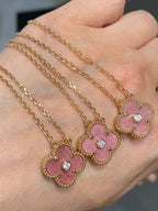 [Demi jewelry]CLOVER 15MM DIAMOND RHODONITE NECKLACE