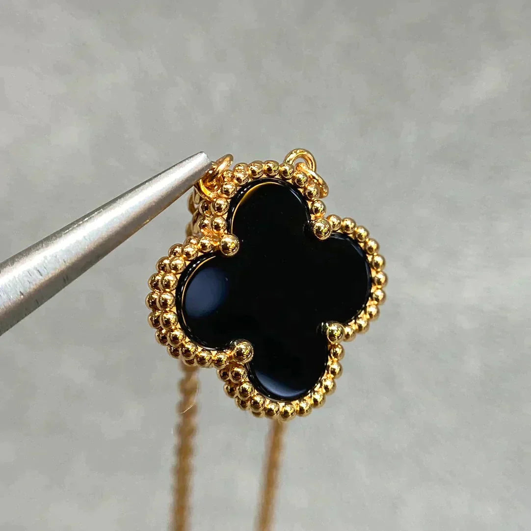 [Demi jewelry]CLOVER 15MM BLACK ONYX SINGLE FLOWER NECKLACE