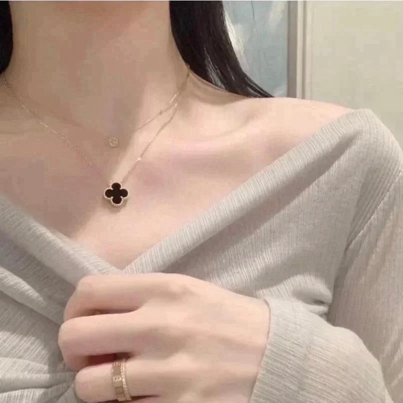 [Demi jewelry]CLOVER 15MM BLACK ONYX SINGLE FLOWER NECKLACE