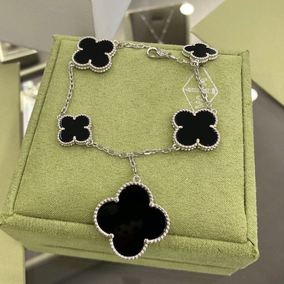 [Demi jewelry]CLOVER 5 MOTIFS SIVLER ONYX BRACELET