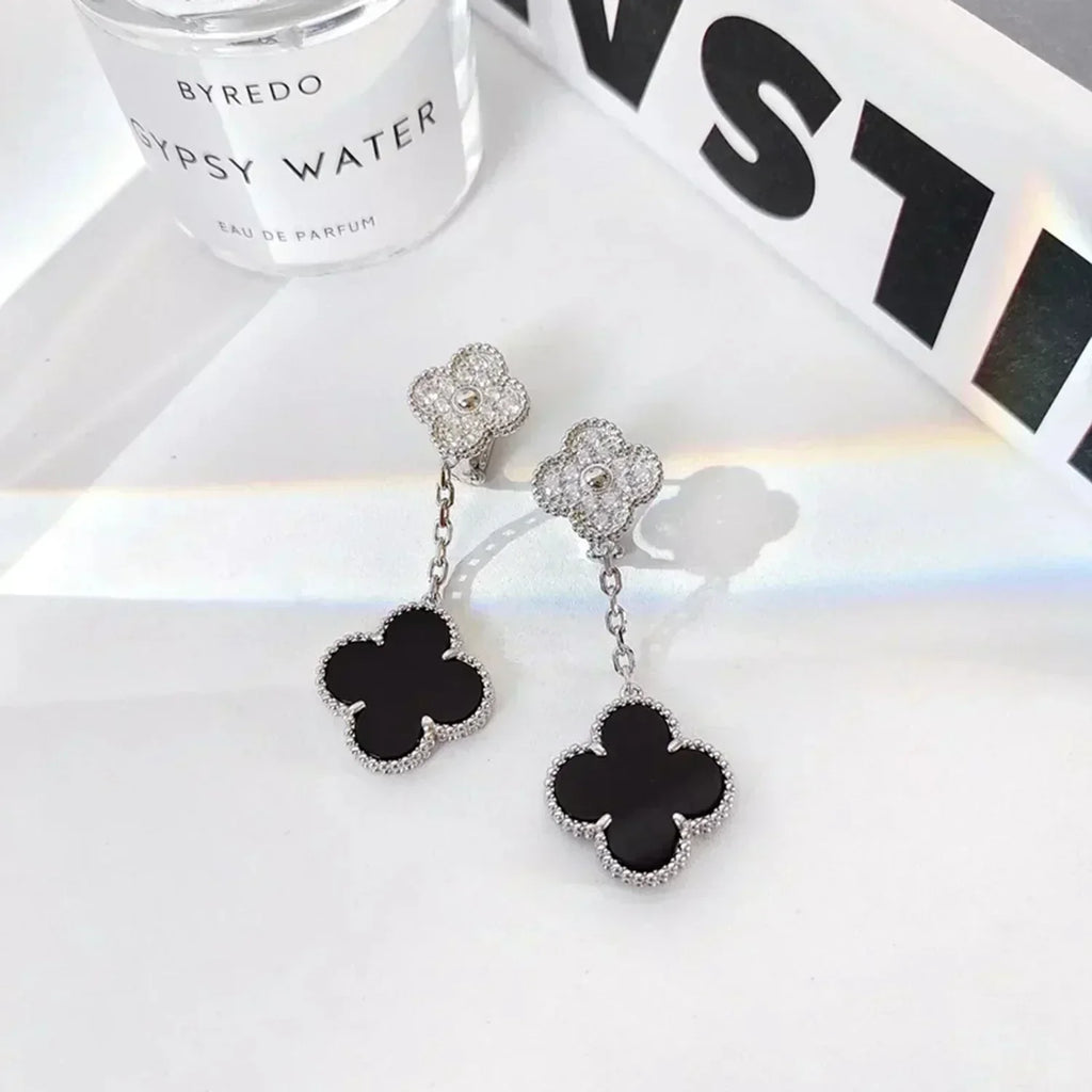 [Demi jewelry]CLOVER 2 MOTIFS  DIAMOND ONYX EARRINGS SILVER