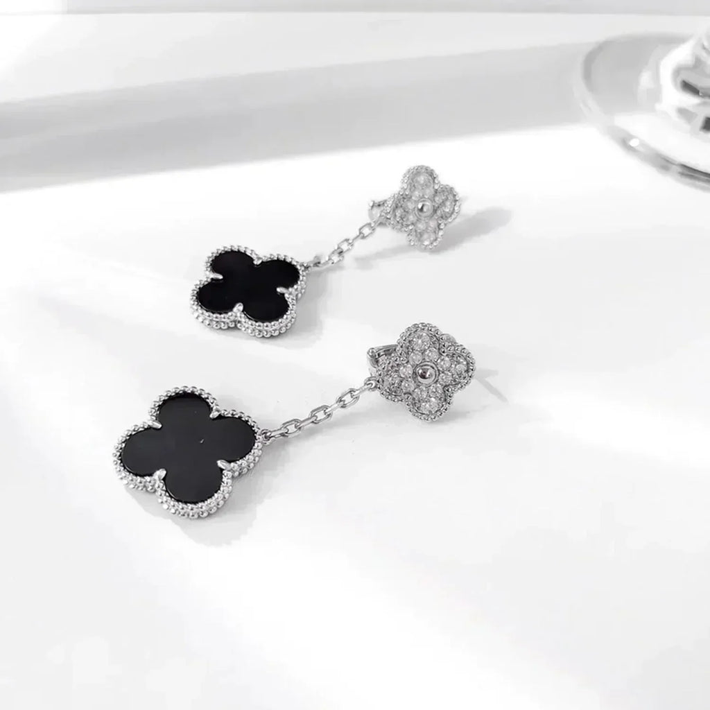[Demi jewelry]CLOVER 2 MOTIFS  DIAMOND ONYX EARRINGS SILVER