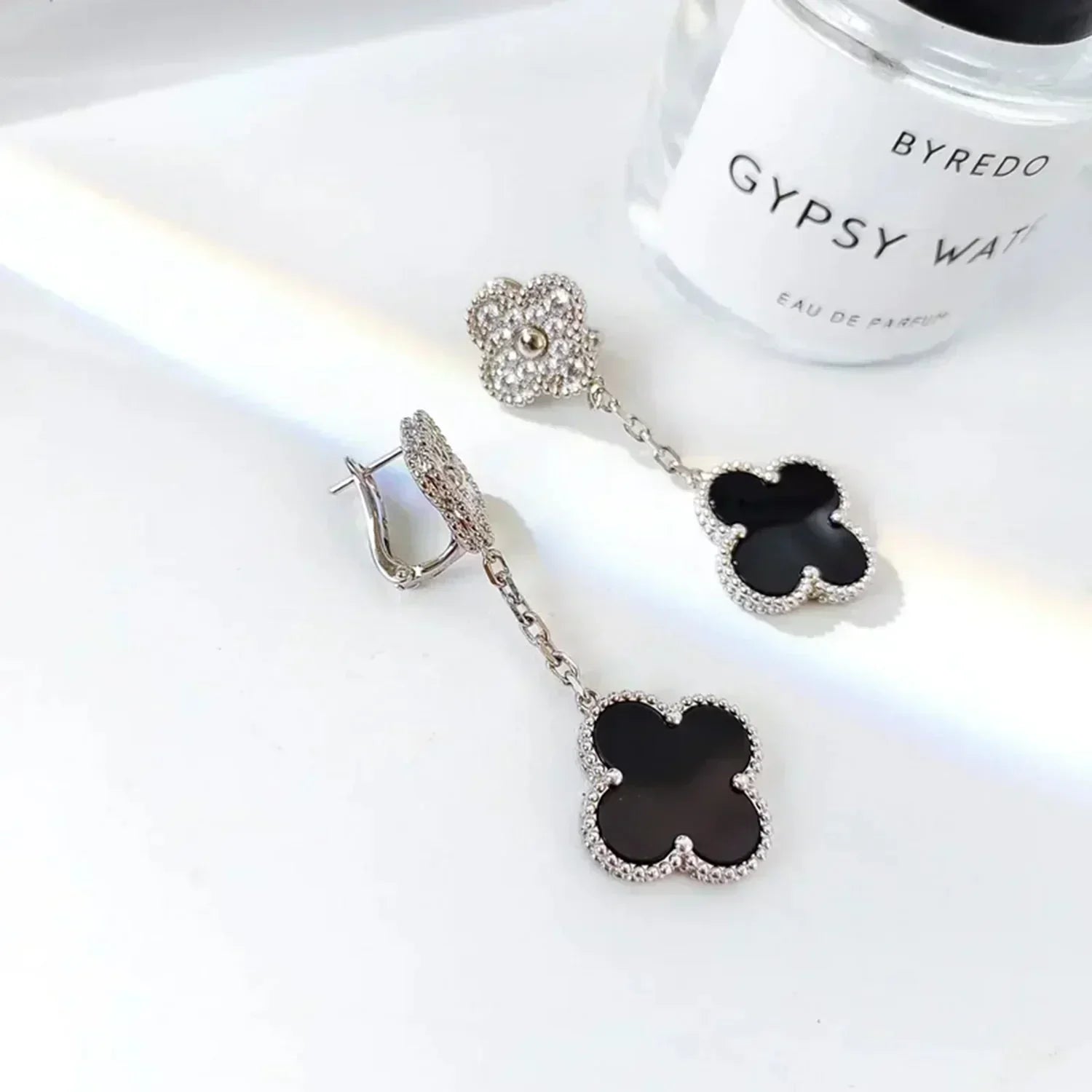 [Demi jewelry]CLOVER 2 MOTIFS  DIAMOND ONYX EARRINGS SILVER
