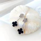 [Demi jewelry]CLOVER 2 MOTIFS  DIAMOND ONYX EARRINGS SILVER
