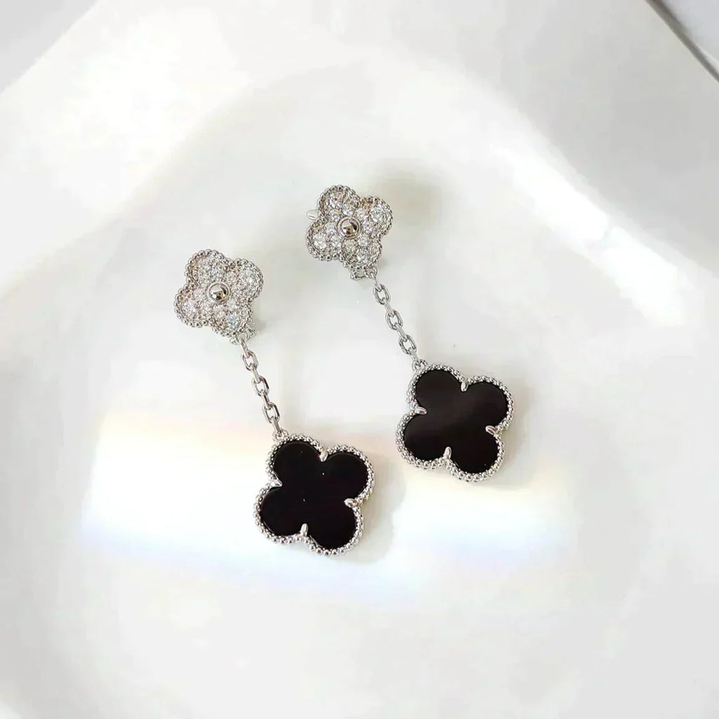 [Demi jewelry]CLOVER 2 MOTIFS  DIAMOND ONYX EARRINGS SILVER