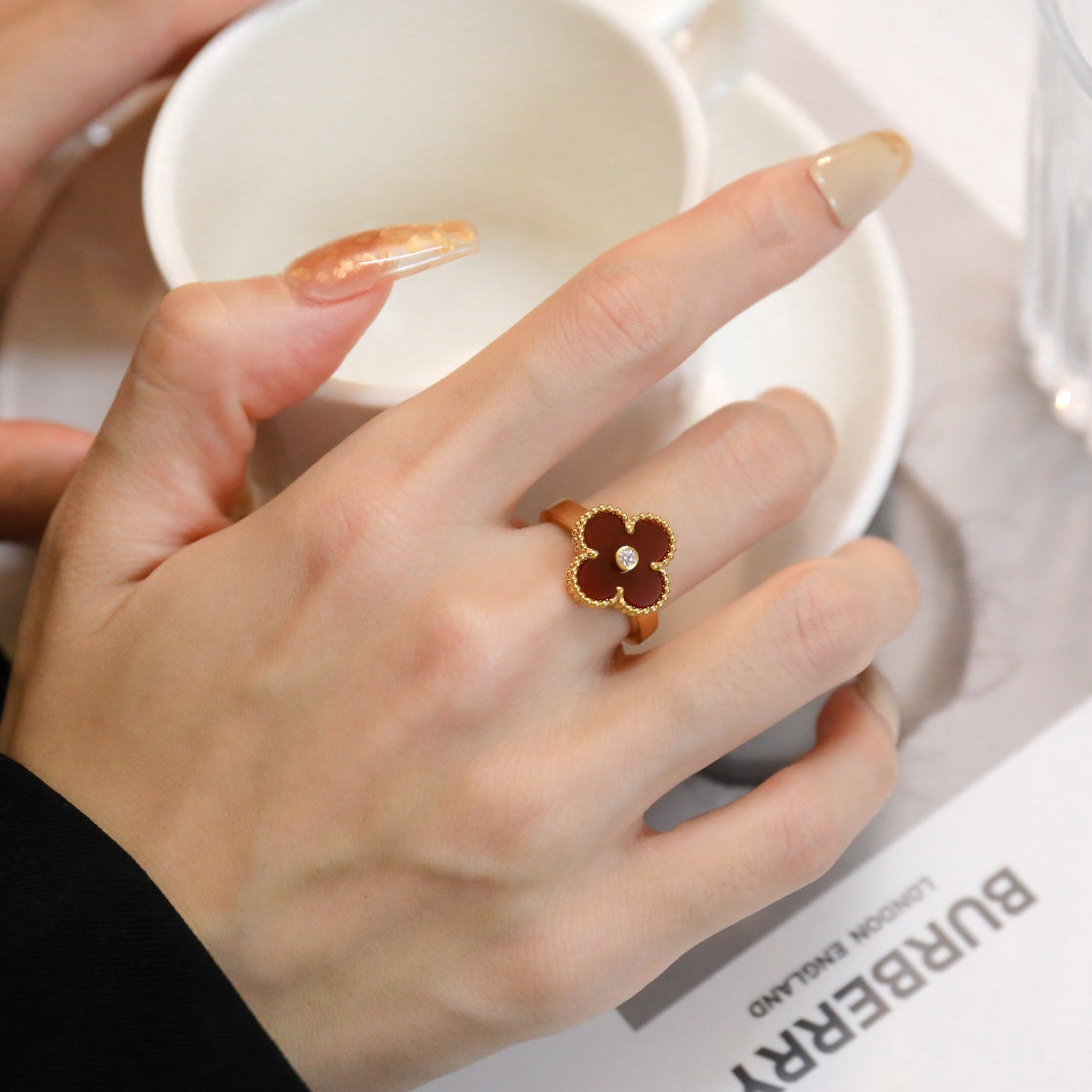 [Demi jewelry]CLOVER CARNELIAN RING ROSE GOLD DIAMOND