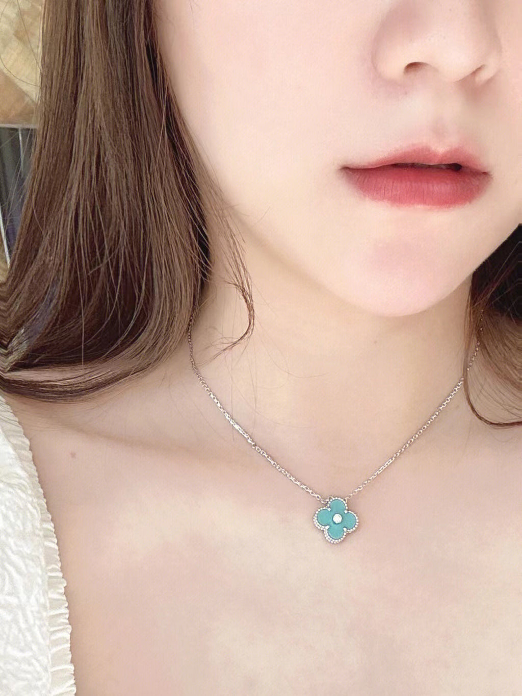 [Demi jewelry]CLOVER 1 DIAMOND LIGHT BLUE SILVER NECKLACE