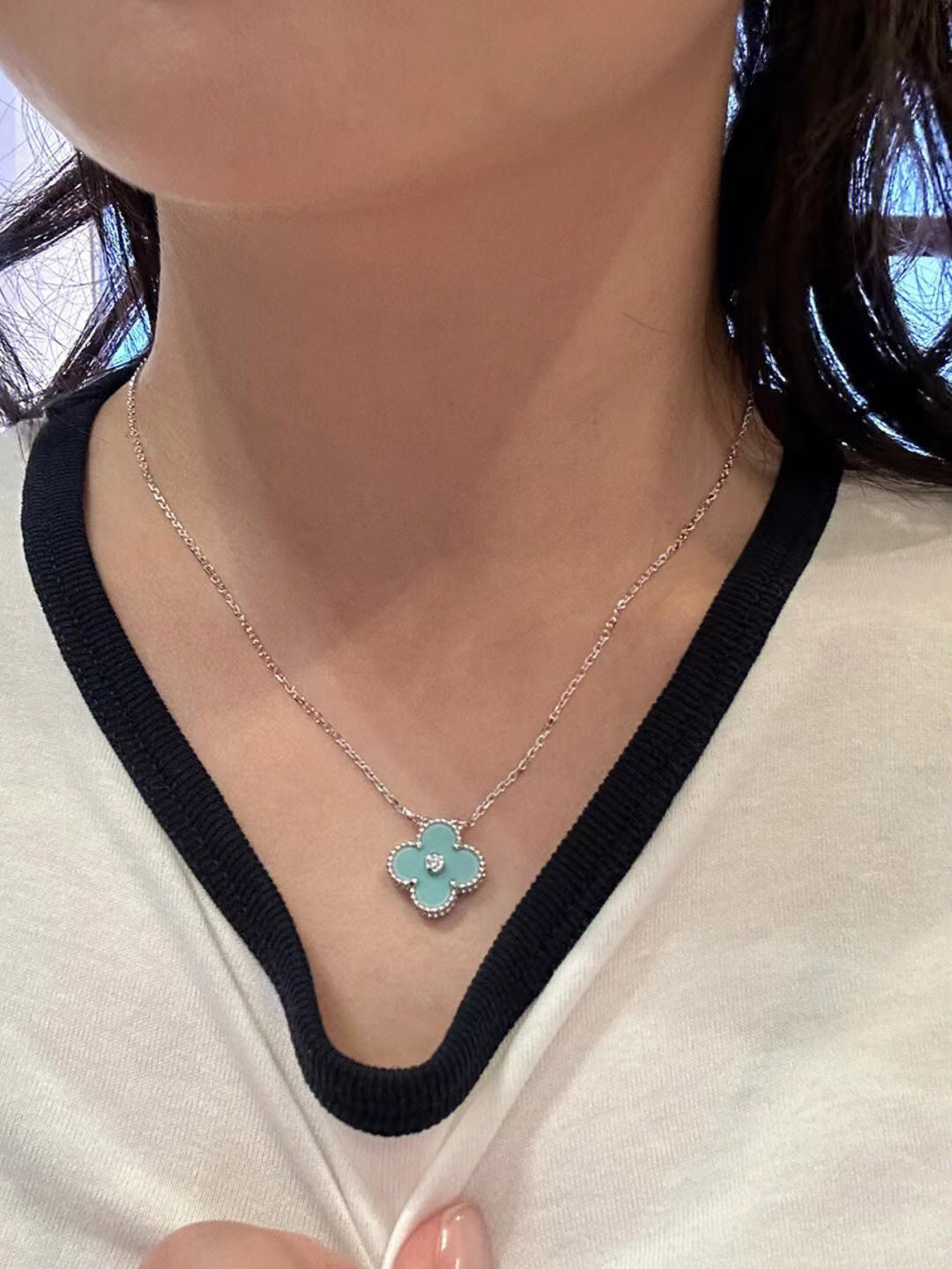 [Demi jewelry]CLOVER 1 DIAMOND LIGHT BLUE SILVER NECKLACE