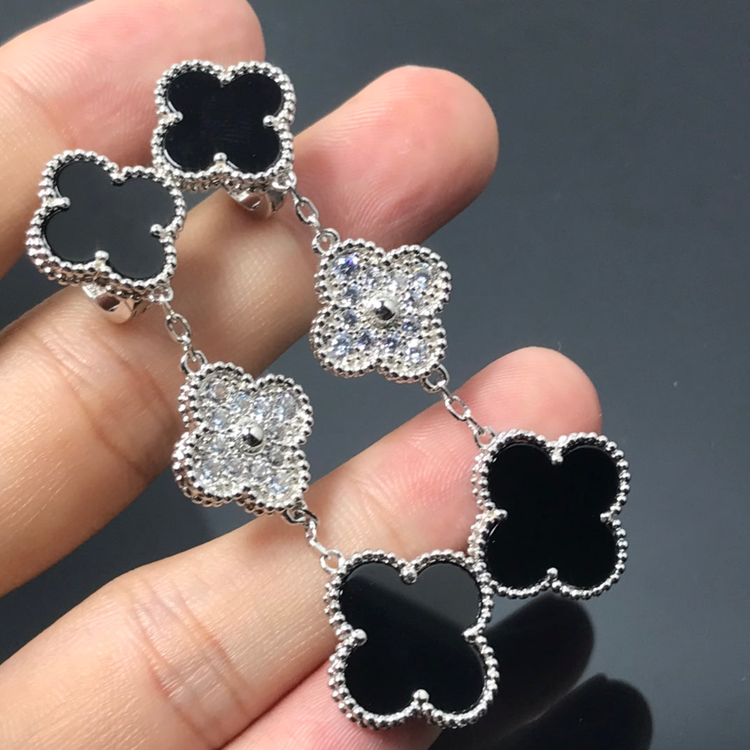[Demi jewelry]CLOVER 3 MOTIF DIAMOND ONYX SILVER EARRINGS