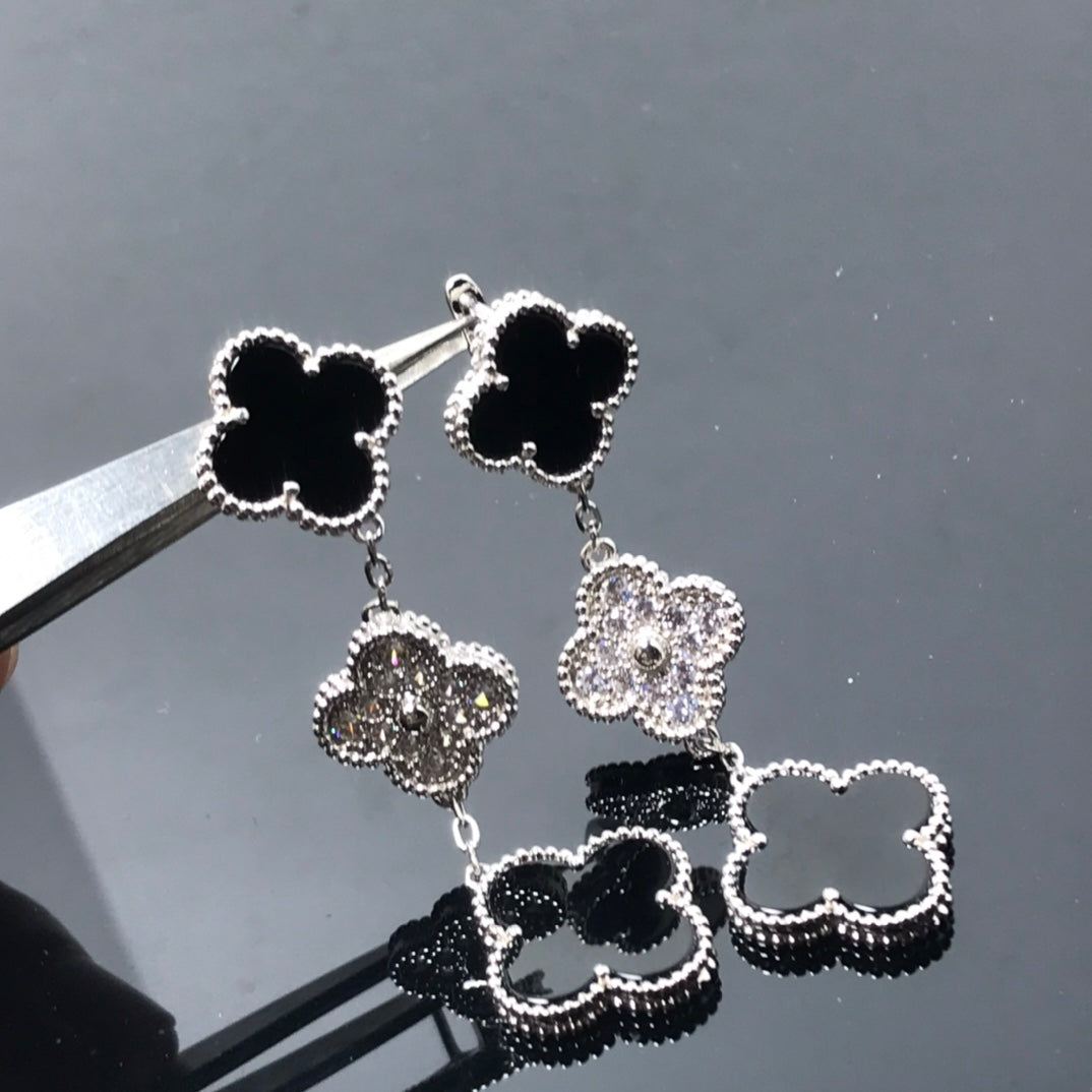 [Demi jewelry]CLOVER 3 MOTIF DIAMOND ONYX SILVER EARRINGS