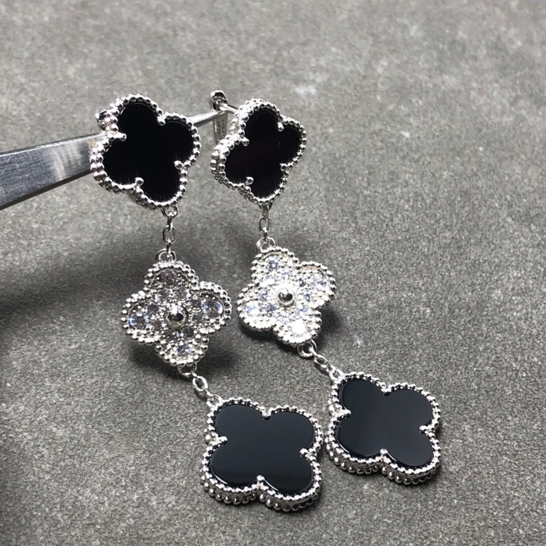 [Demi jewelry]CLOVER 3 MOTIF DIAMOND ONYX SILVER EARRINGS