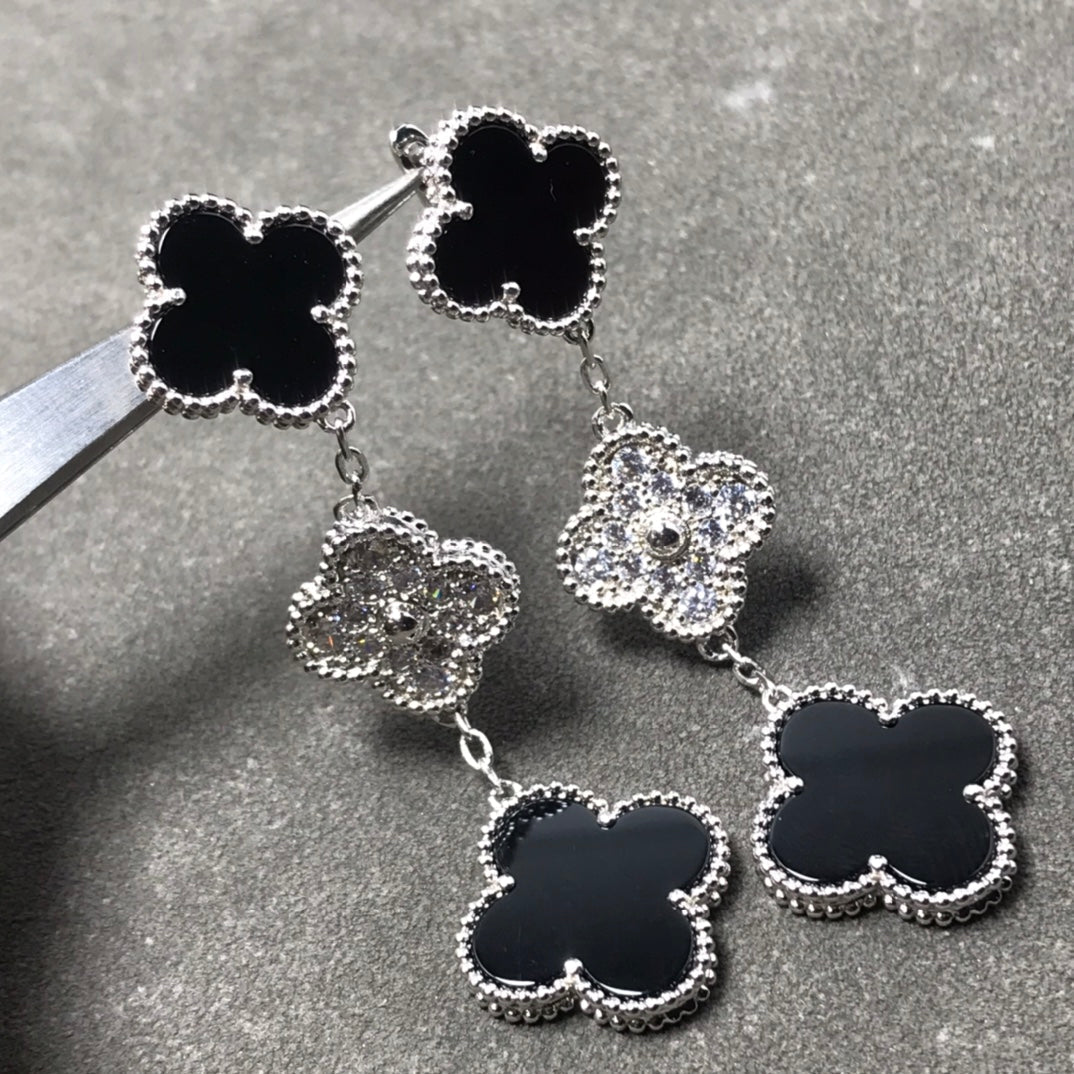 [Demi jewelry]CLOVER 3 MOTIF DIAMOND ONYX SILVER EARRINGS