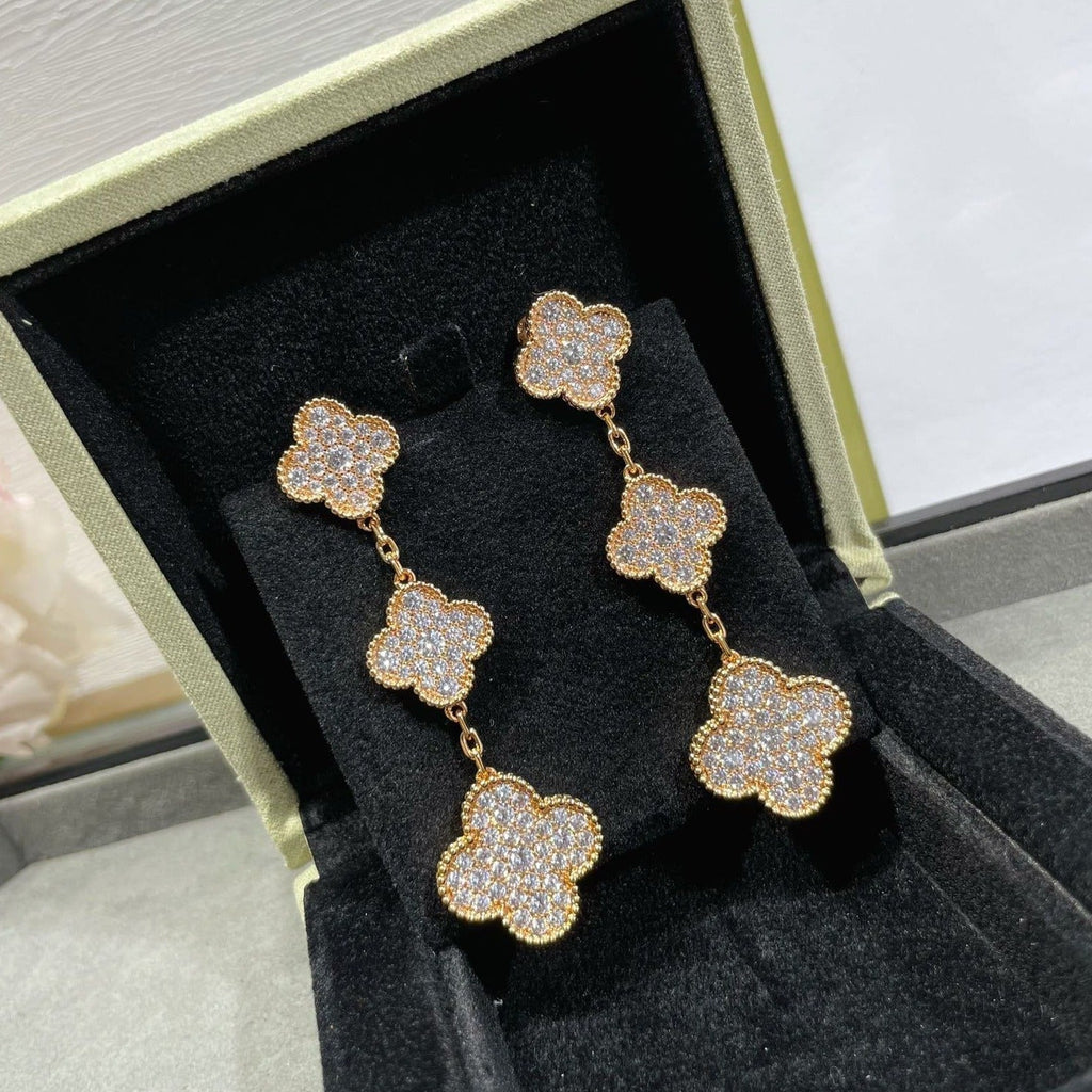 [Demi jewelry]CLOVER 3 MOTIFS DIAMOND PAVED ROSE GOLD EARRINGS