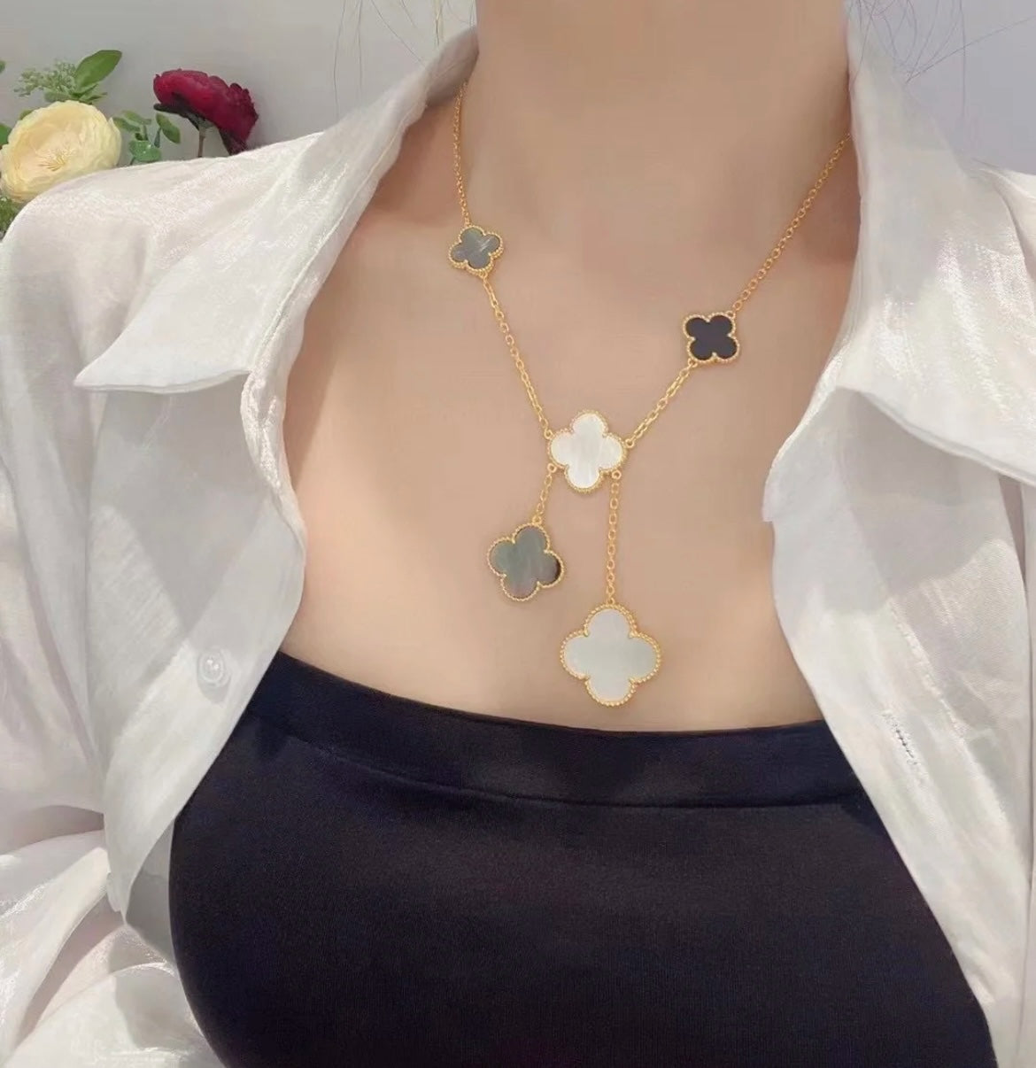 [Demi jewelry]CLOVER 6 MOTIF MOP ONYX GOLD NECKLACE