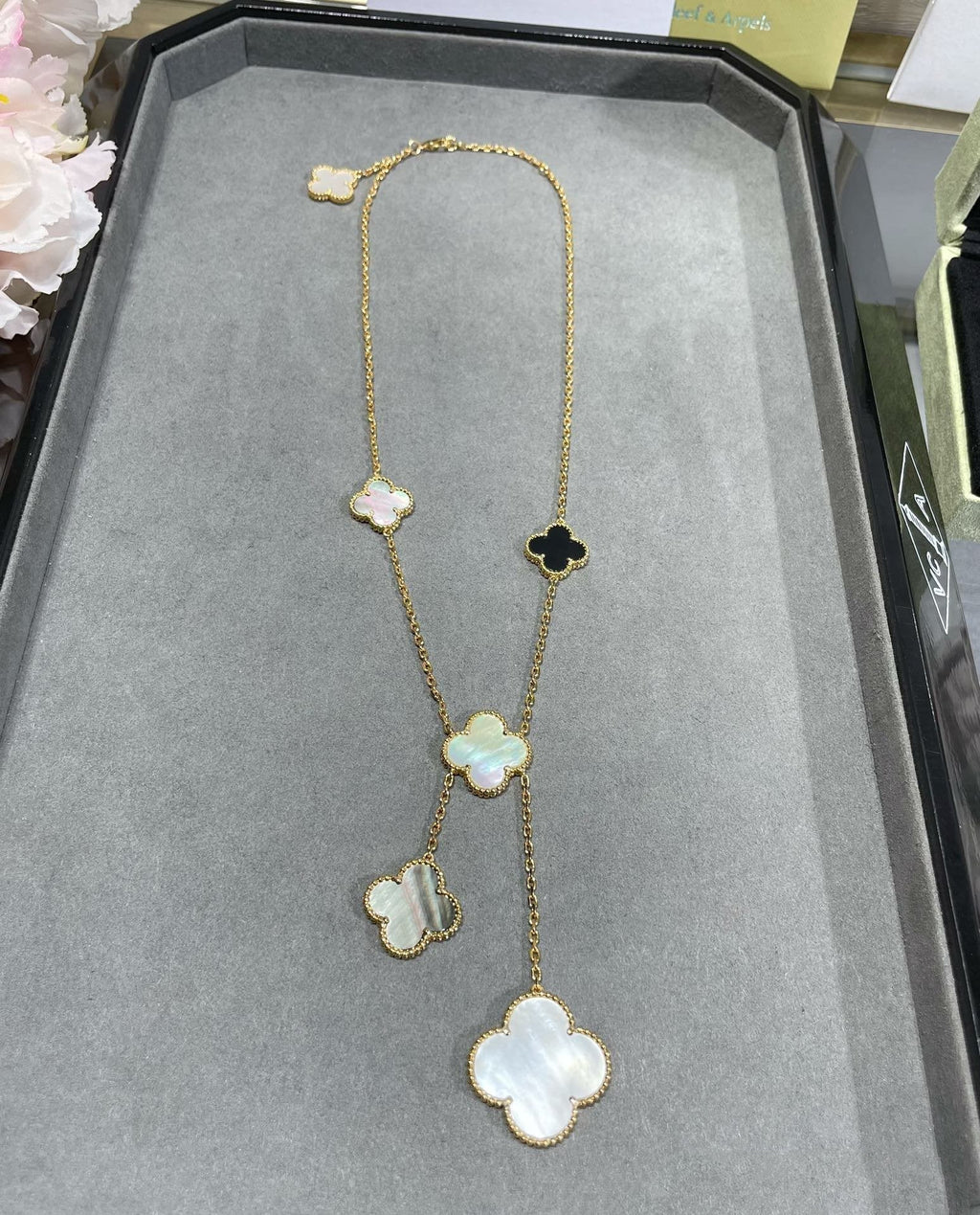 [Demi jewelry]CLOVER 6 MOTIF MOP ONYX GOLD NECKLACE