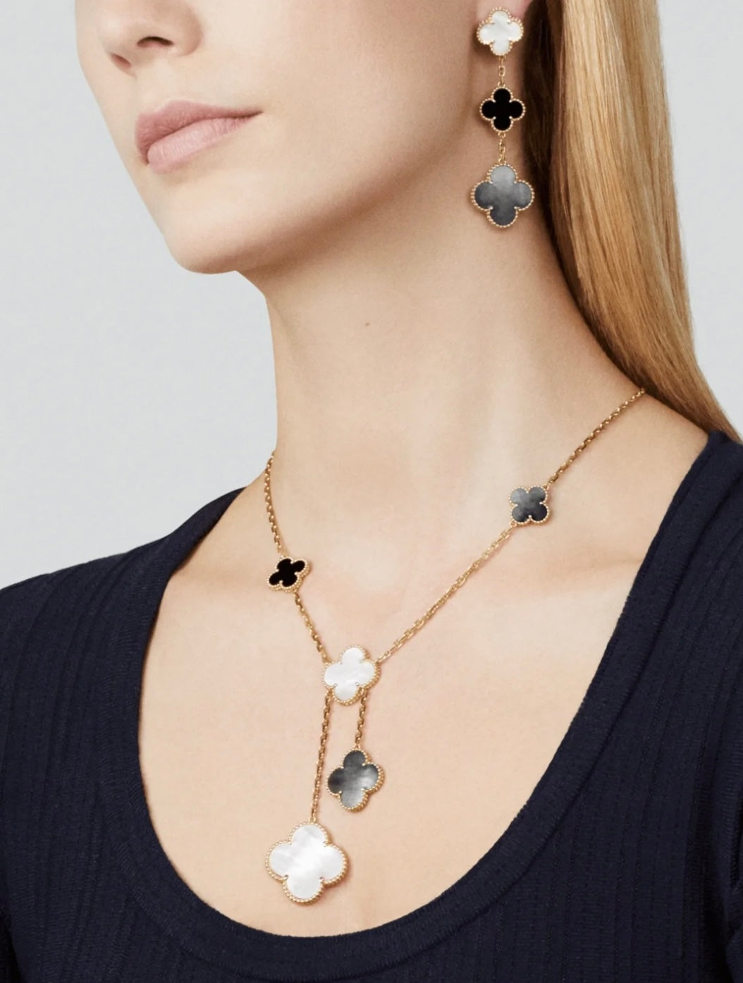 [Demi jewelry]CLOVER 3 MOTIF MOP ONYX DARK MOP PINK GOLD EARRINGS