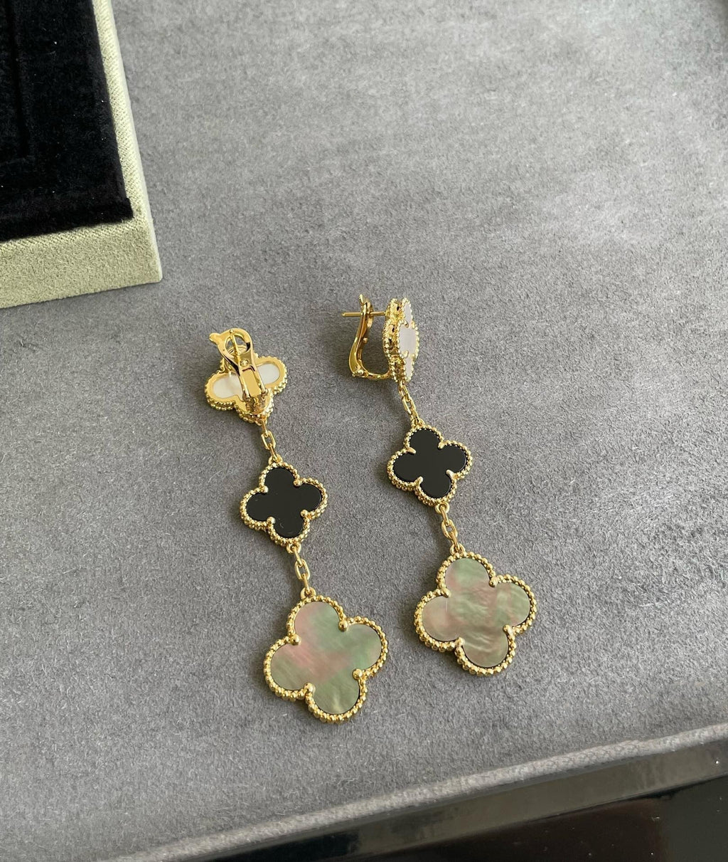 [Demi jewelry]CLOVER 3 MOTIF MOP ONYX DARK MOP PINK GOLD EARRINGS