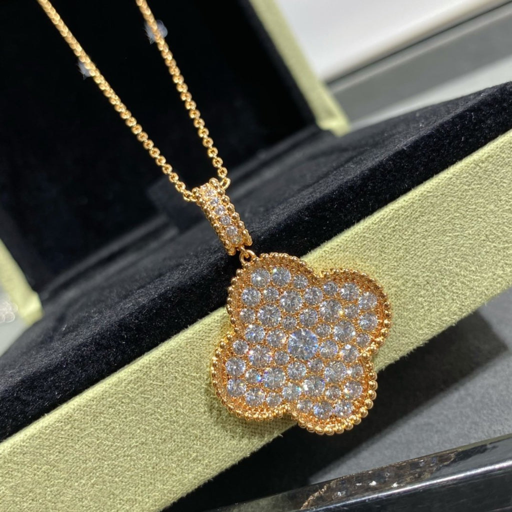[Demi jewelry]CLOVER 25MM LARGE PEDANT DIAMOND PAVED LONG NECKLACE