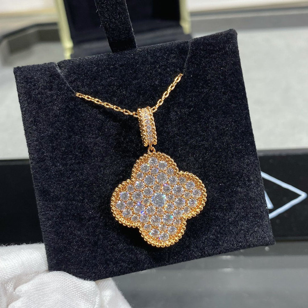 [Demi jewelry]CLOVER 25MM LARGE PEDANT DIAMOND PAVED LONG NECKLACE