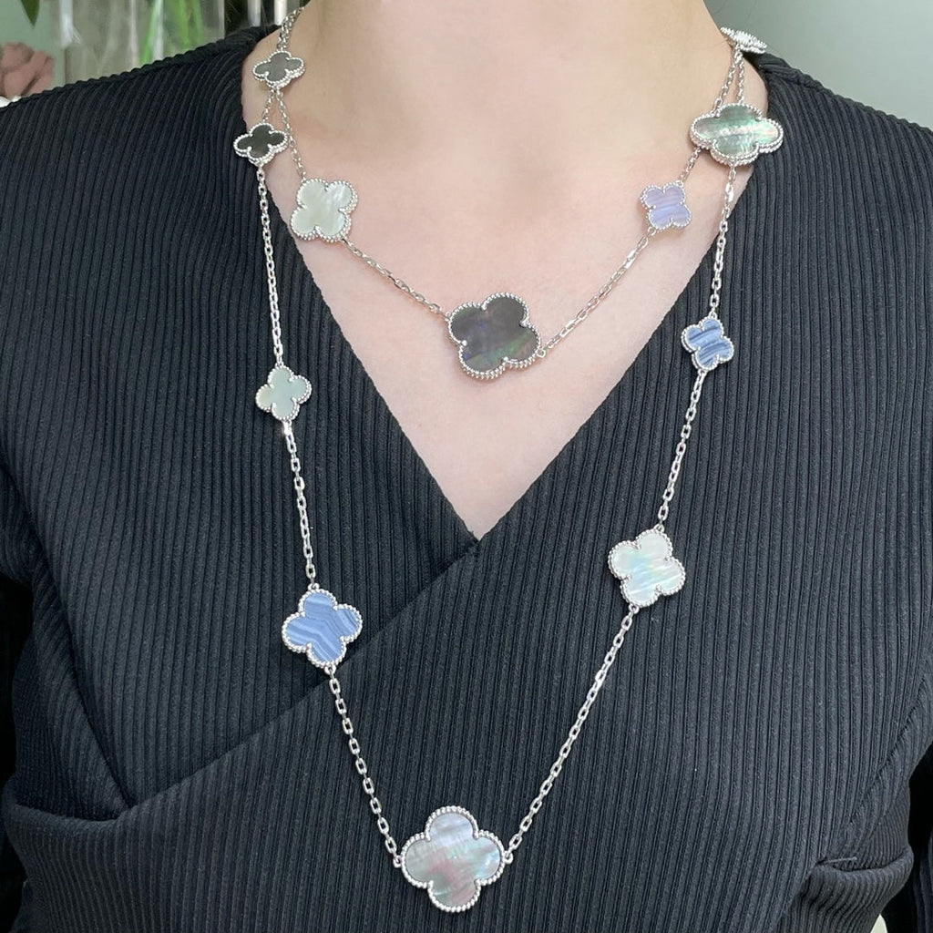 [Demi jewelry]CLOVER 16 MOTIF CHALCEDONY MOP SILVER NECKLACE