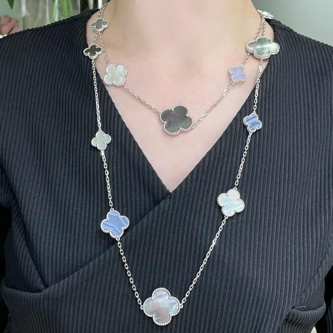 [Demi jewelry]CLOVER 16 MOTIF CHALCEDONY MOP SILVER NECKLACE