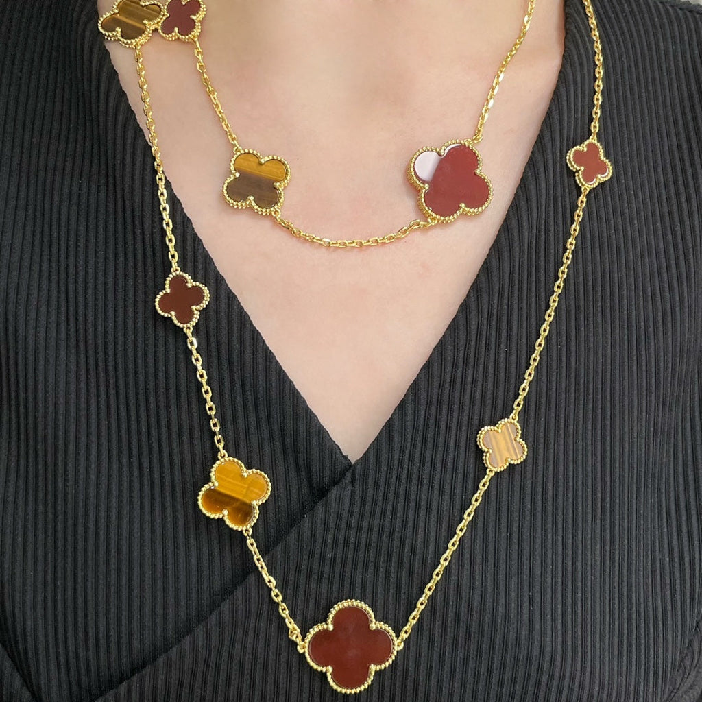 [Demi jewelry]CLOVER 16 MOTIF CARNELIAN TIGER EYE ROSE GOLD NECKLACE