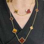 [Demi jewelry]CLOVER 16 MOTIF CARNELIAN TIGER EYE ROSE GOLD NECKLACE