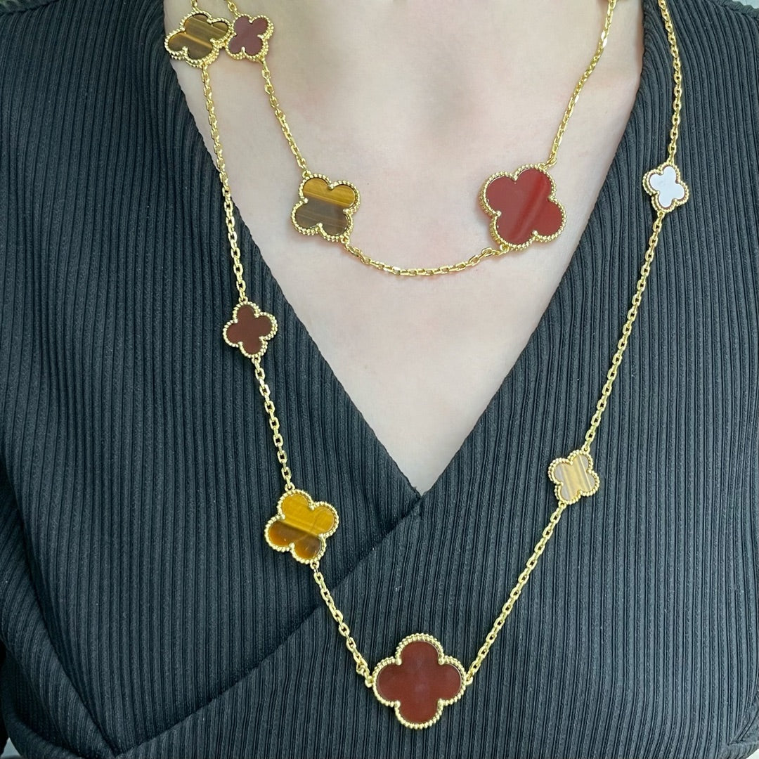 [Demi jewelry]CLOVER 16 MOTIF CARNELIAN TIGER EYE ROSE GOLD NECKLACE