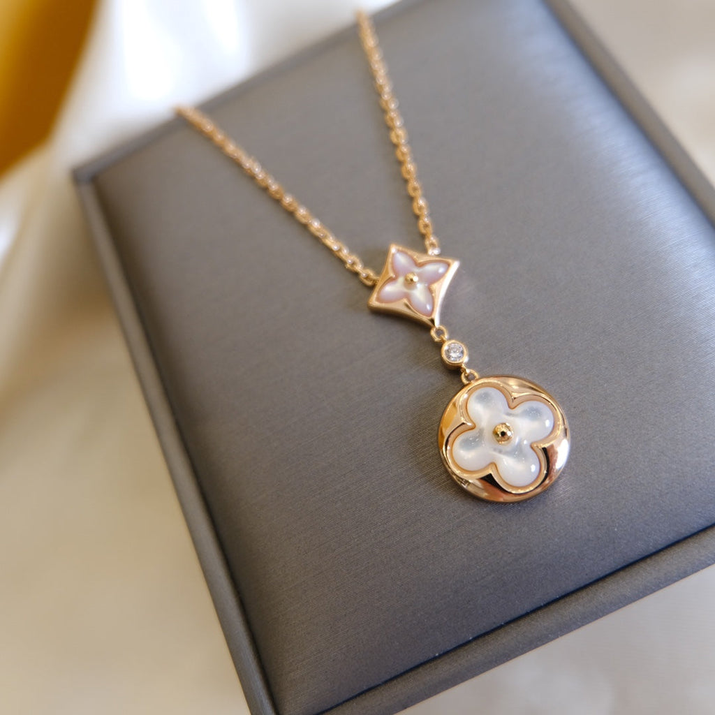 [Demi jewelry]STAR AND SUN WHITE MOP 2 MOTIF PINK GOLD NECKLACE