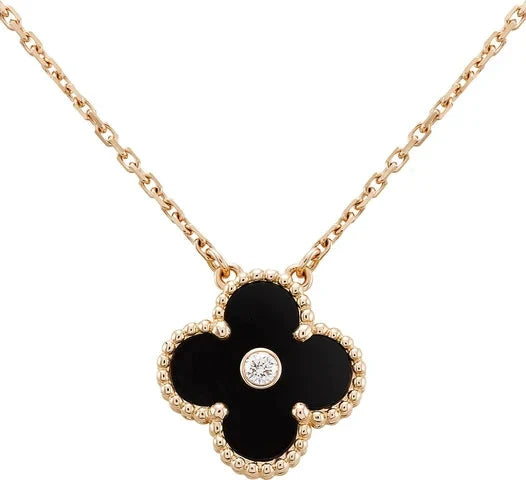 [Demi jewelry]CLOVER 15MM DIAMOND ONYX NECKLACE