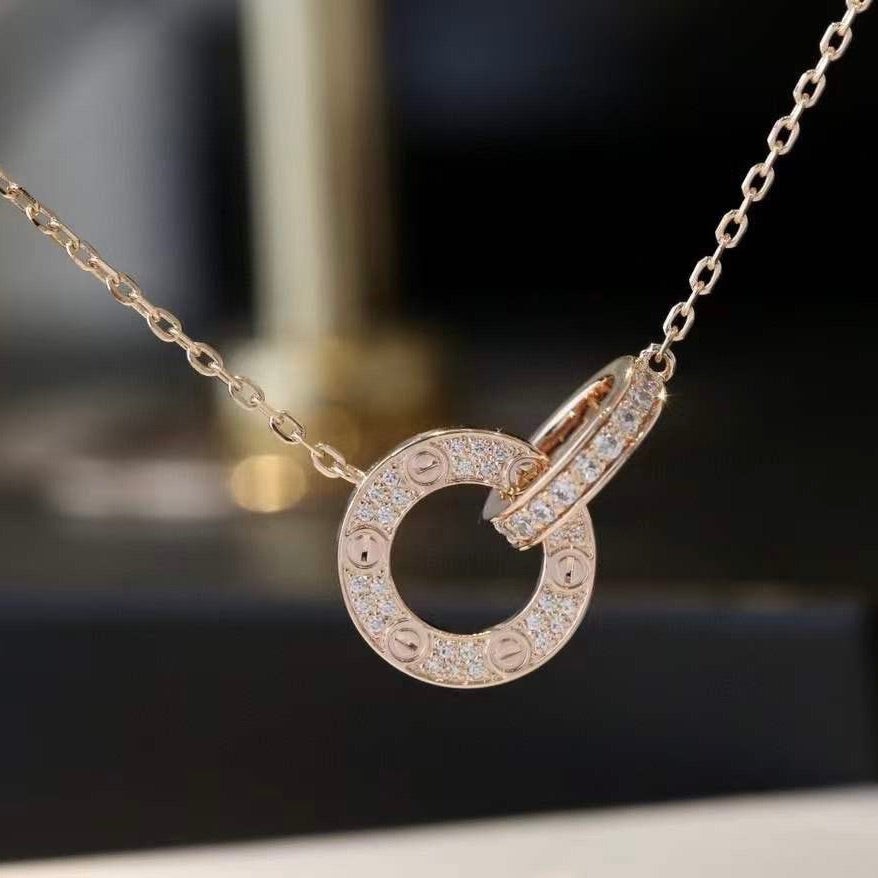 [Demi jewelry]LOVE 7.6MM NECKLACE ROSE GOLD AND SILVER  FULL DIAMOND