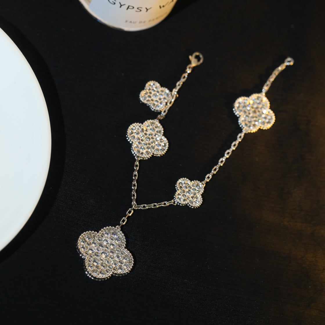 [Mystic]CLOVER BRACELET 5 MOTIF SILVER DIAMOND PAVED-w