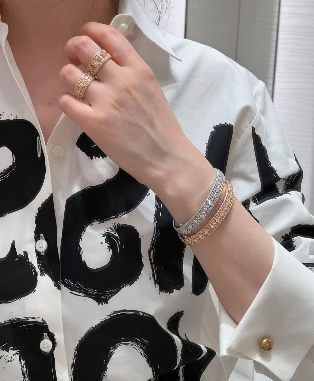 [Demi]2026 WOVEN-PATTERN BRACELET SET WITH FULL DIAMOND INLAY THREE-COLORS