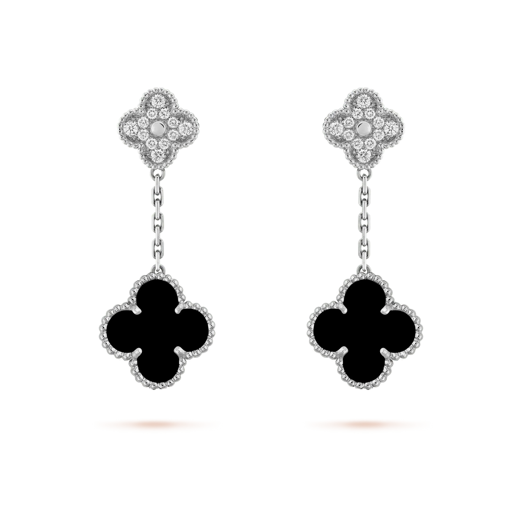 [Demi jewelry]CLOVER 2 MOTIFS  DIAMOND ONYX EARRINGS SILVER