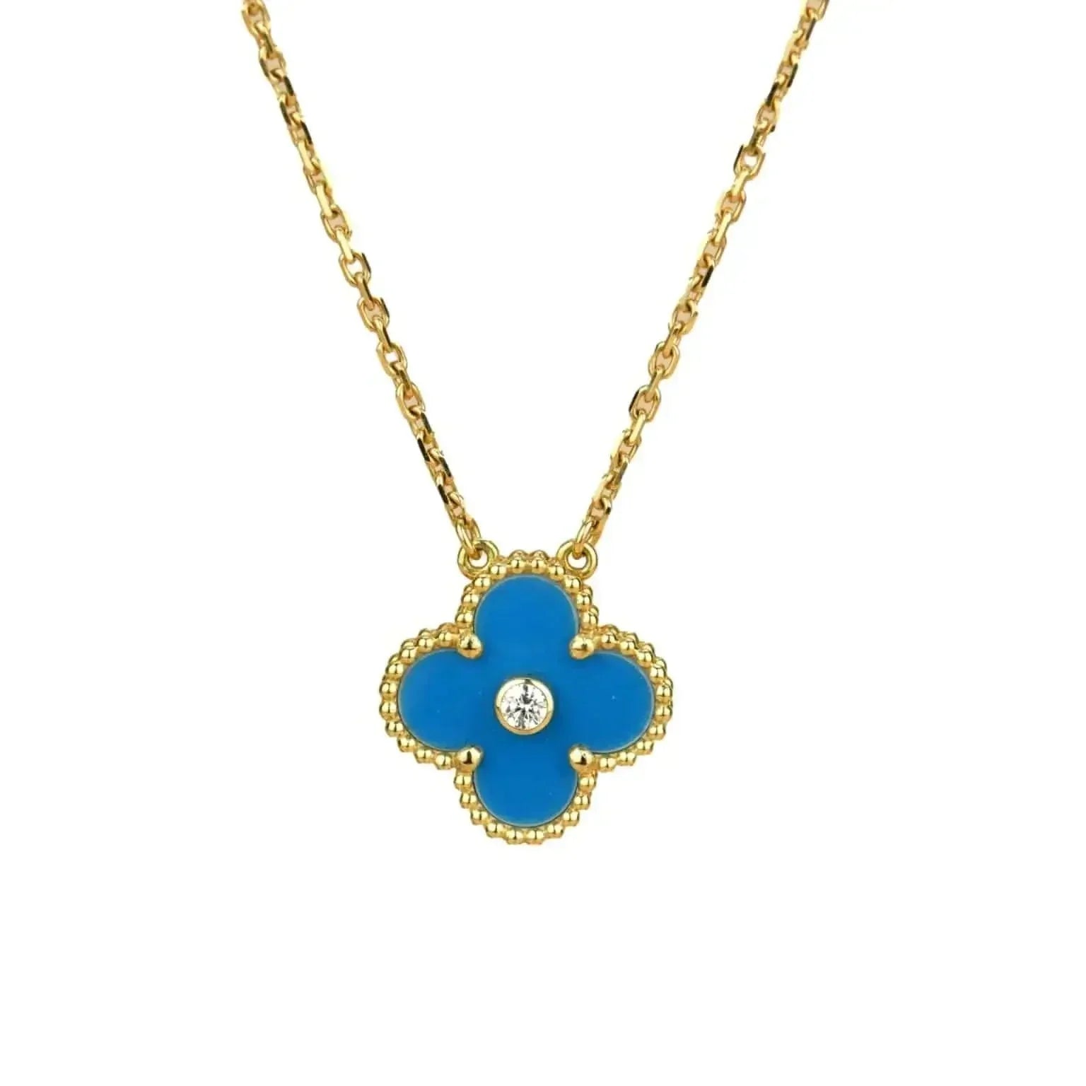 [Demi jewelry]CLOVER 15MM DIAMOND AND BLUE AGATE NECKLACE
