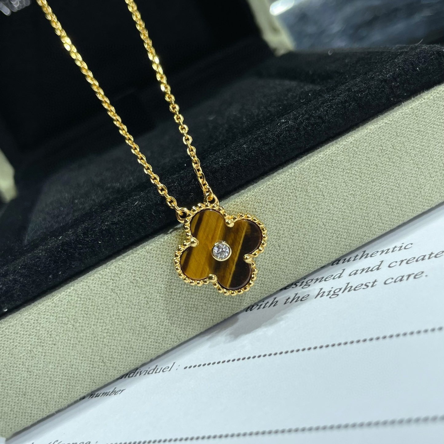 [Demi jewelry]CLOVER 15MM DIAMOND AND YELLOW TIGER'S EYE AGATE necklace