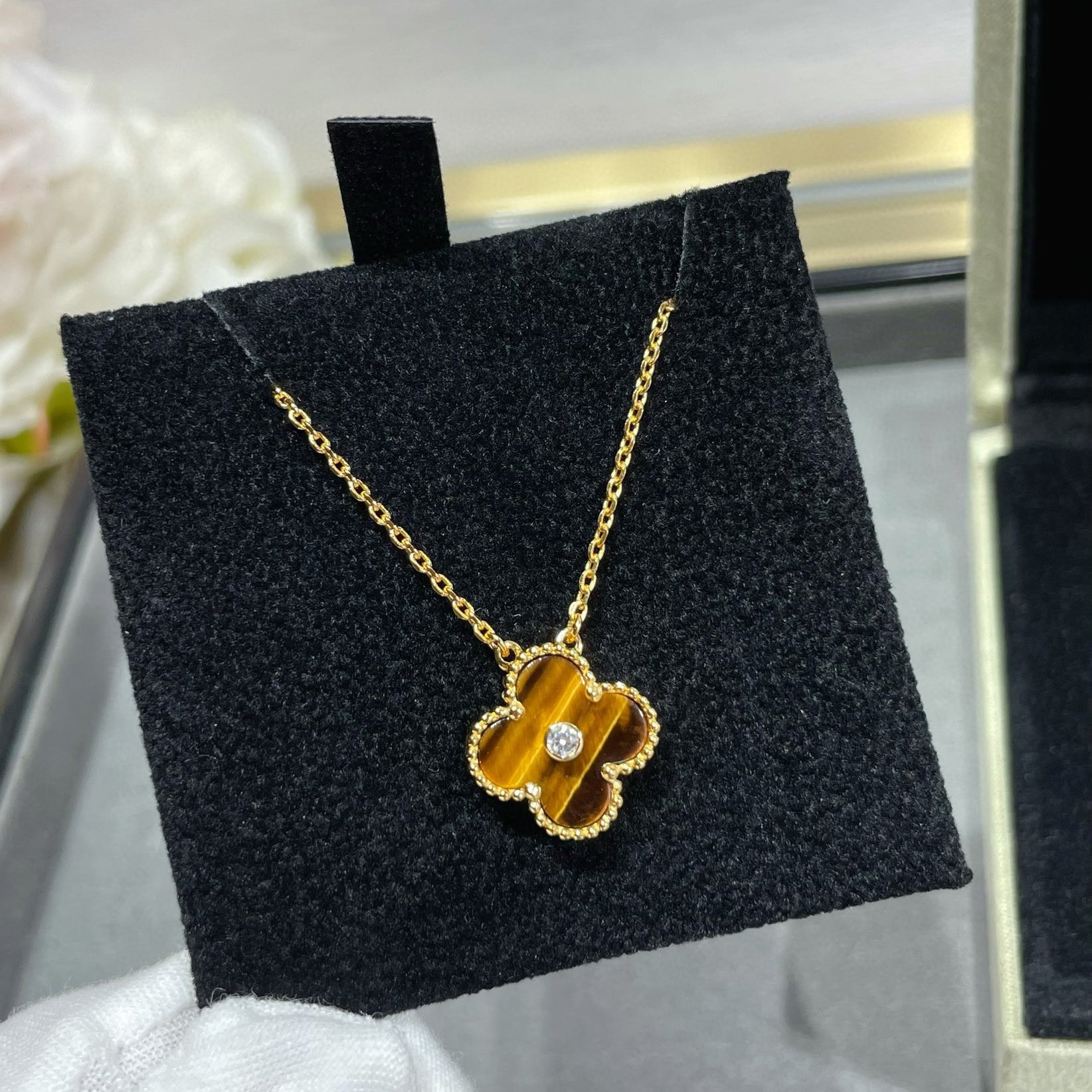 [Demi jewelry]CLOVER 15MM DIAMOND AND YELLOW TIGER'S EYE AGATE necklace