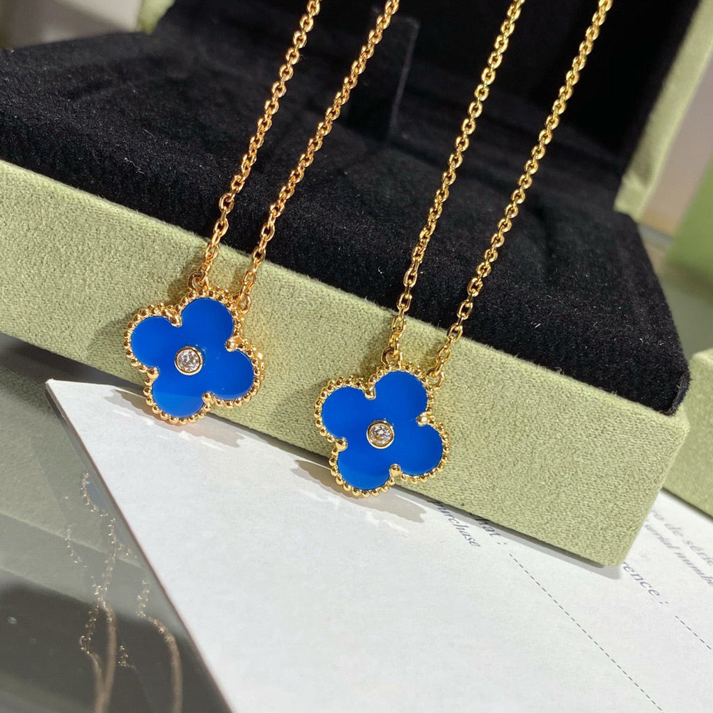 [Demi jewelry]CLOVER 15MM DIAMOND AND BLUE AGATE NECKLACE