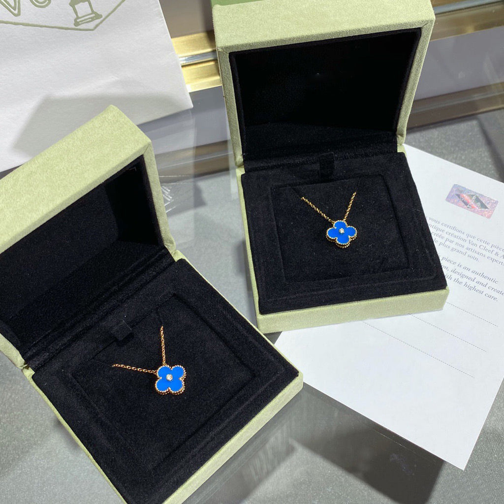 [Demi jewelry]CLOVER 15MM DIAMOND AND BLUE AGATE NECKLACE