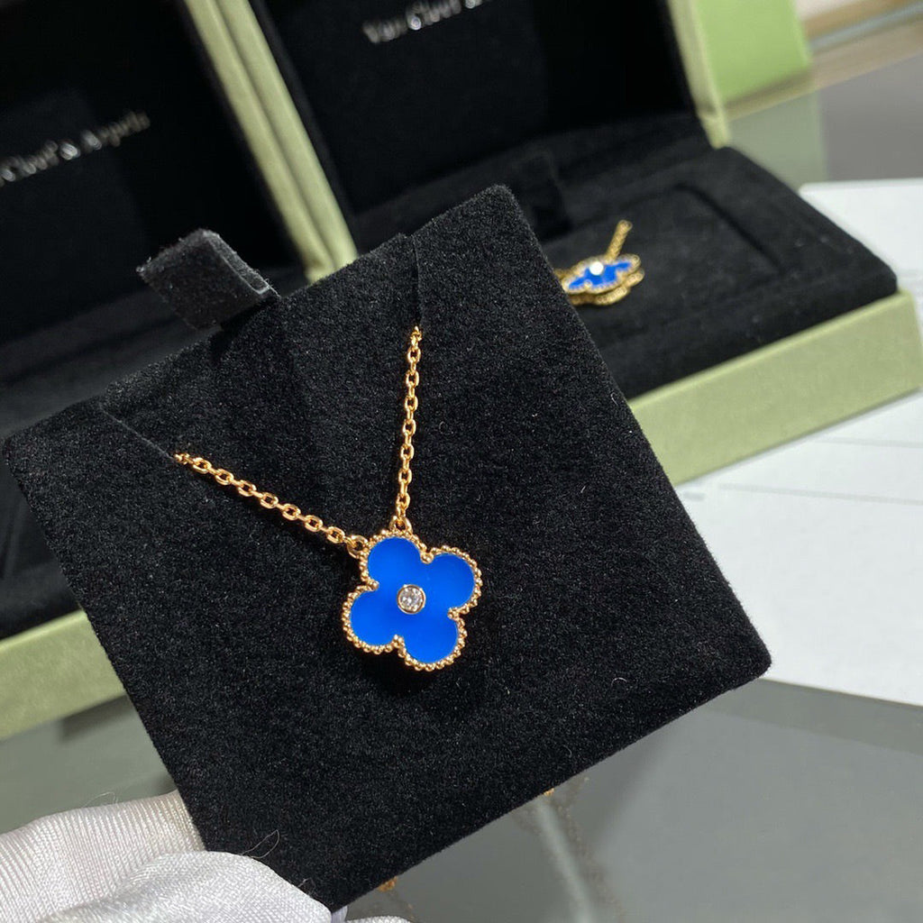 [Demi jewelry]CLOVER 15MM DIAMOND AND BLUE AGATE NECKLACE
