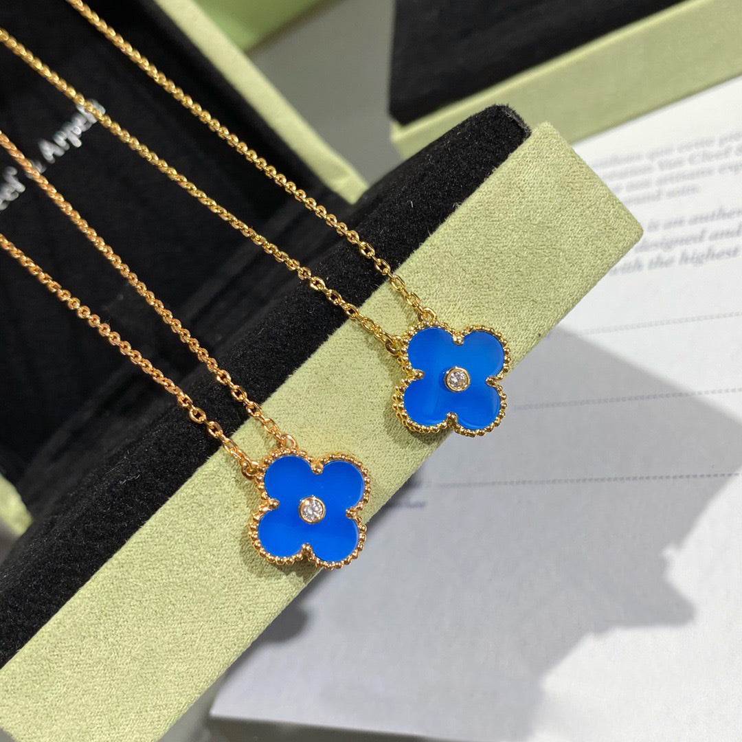 [Demi jewelry]CLOVER 15MM DIAMOND AND BLUE AGATE NECKLACE